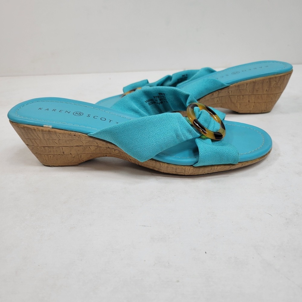 Karen Scott Turquoise Slide Sandals Women's 6.5M Tortoise Buckle Flats Trendy - Picture 4 of 8